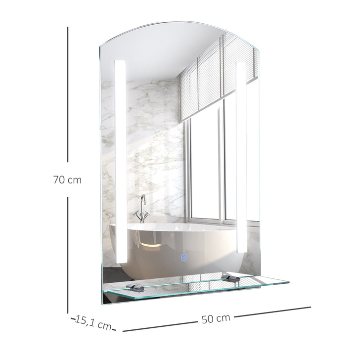 Espelho para banheiro com luz LED 16W Interruptor de toque e prateleira inferior Cabo de 1m Estrutura de alumínio 70x50x2,7 cm prata