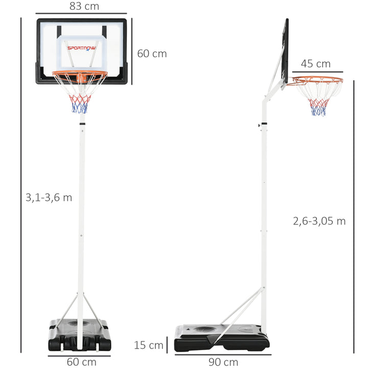 Cesta de Basquetebol com Rodas Altura Ajustável 260-305cm Cesta de Basquetebol Portátil com Tabela de PVC e Base para Exteriores 90x83x310-360cm Branco