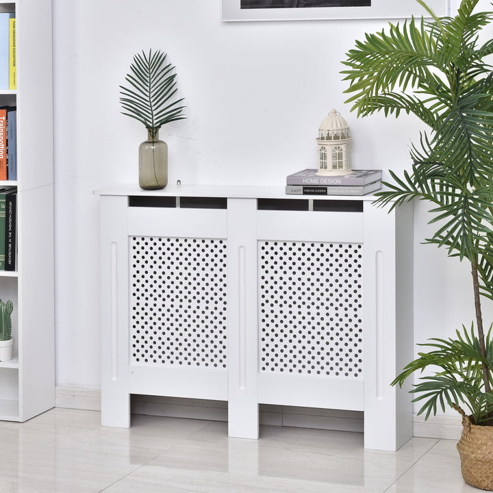 Cobertura de Radiador de Madeira com prateleira e painel decorativo elegante e moderno 111,5x19x82 cm Branco