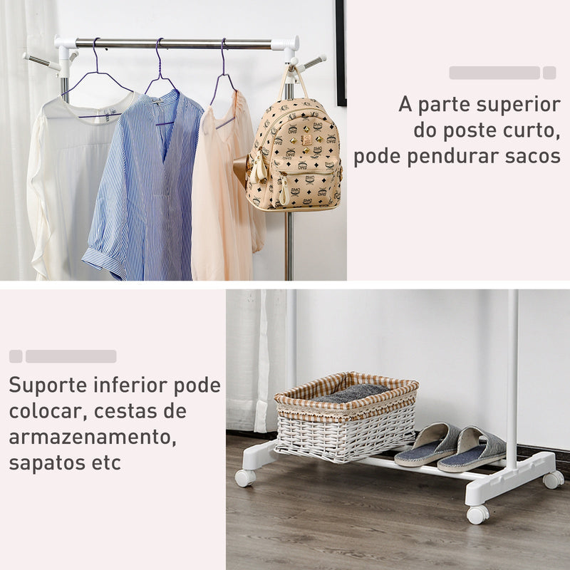 Cabide de barra padrão ajustável Portátil com rodas 68.5x42x87-145 cm Branco Prata