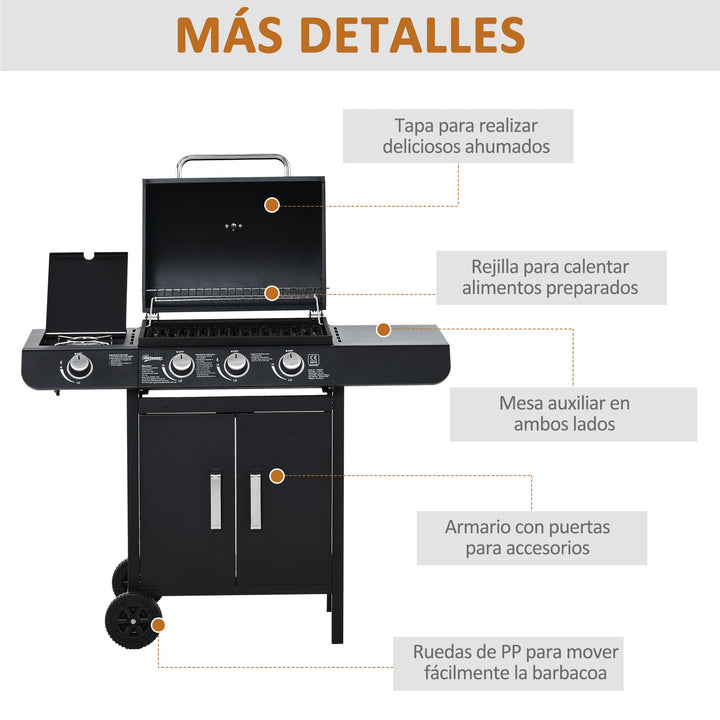 Churrasqueira à Gás com 3+1 Queimadores 11,6KW 2 Mesas Laterais Armário de 2 Portas Termômetro e 2 Rodas Aço Inoxidável 110x50x100cm Preto
