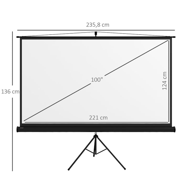 Tela de Projeção Manual com Suporte 100 Polegadas Tela de Projeção Portátil Formato 16:9 com Altura Ajustável para Interior e Exterior Cinema em Casa 235,8x8x136 cm Branco e Preto