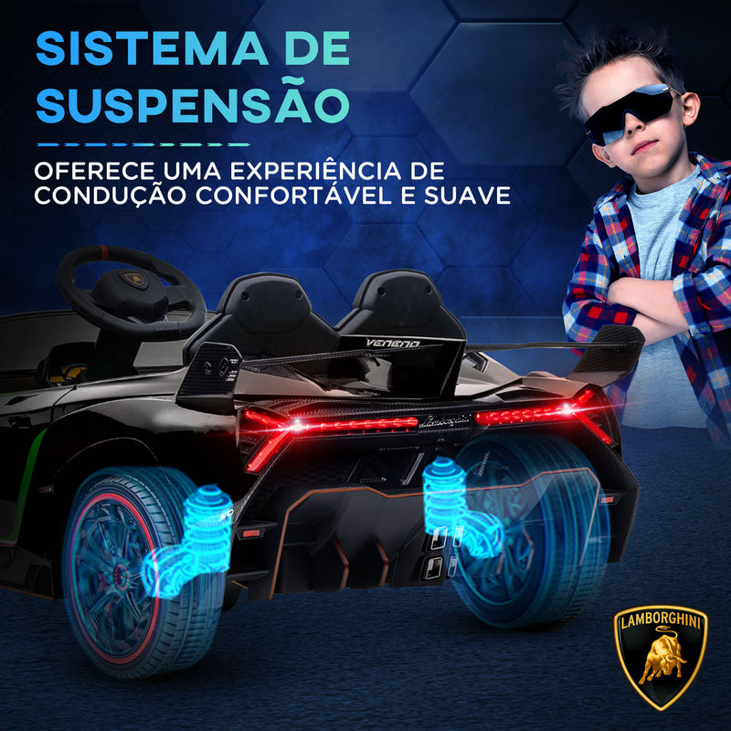 Carro Elétrico Lamborghini para Crianças de 3 a 6 Anos Carro a Bateria 12V Velocidade Máxima 7 km/h com Controlo Remoto MP3 Luzes e Cinto de Segurança 111x61x45 cm Preto