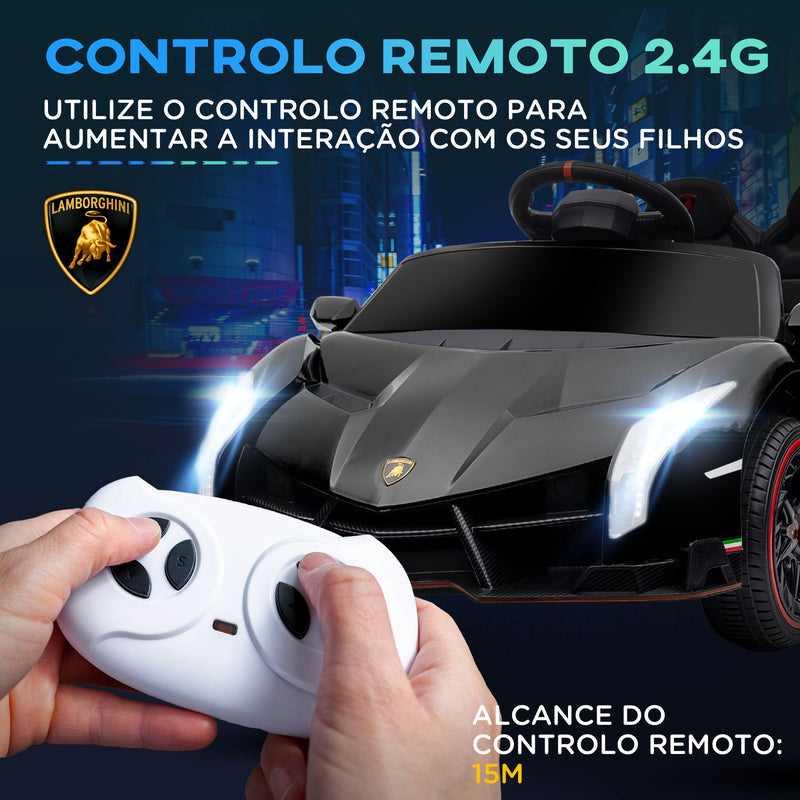 Carro Elétrico Lamborghini para Crianças de 3 a 6 Anos Carro a Bateria 12V Velocidade Máxima 7 km/h com Controlo Remoto MP3 Luzes e Cinto de Segurança 111x61x45 cm Preto