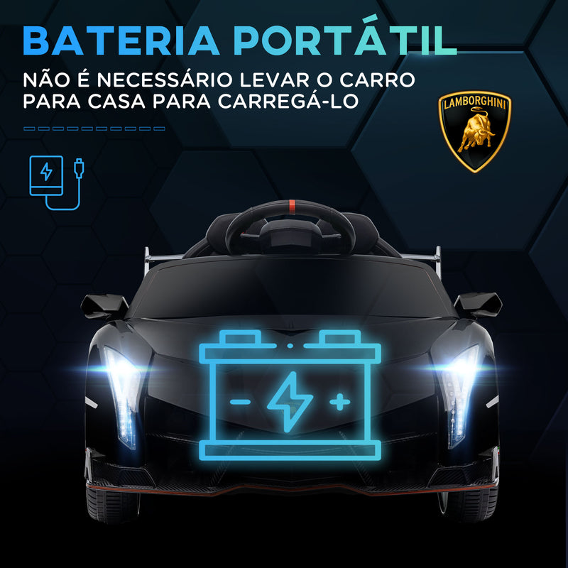 Carro Elétrico Lamborghini para Crianças de 3 a 6 Anos Carro a Bateria 12V Velocidade Máxima 7 km/h com Controlo Remoto MP3 Luzes e Cinto de Segurança 111x61x45 cm Preto