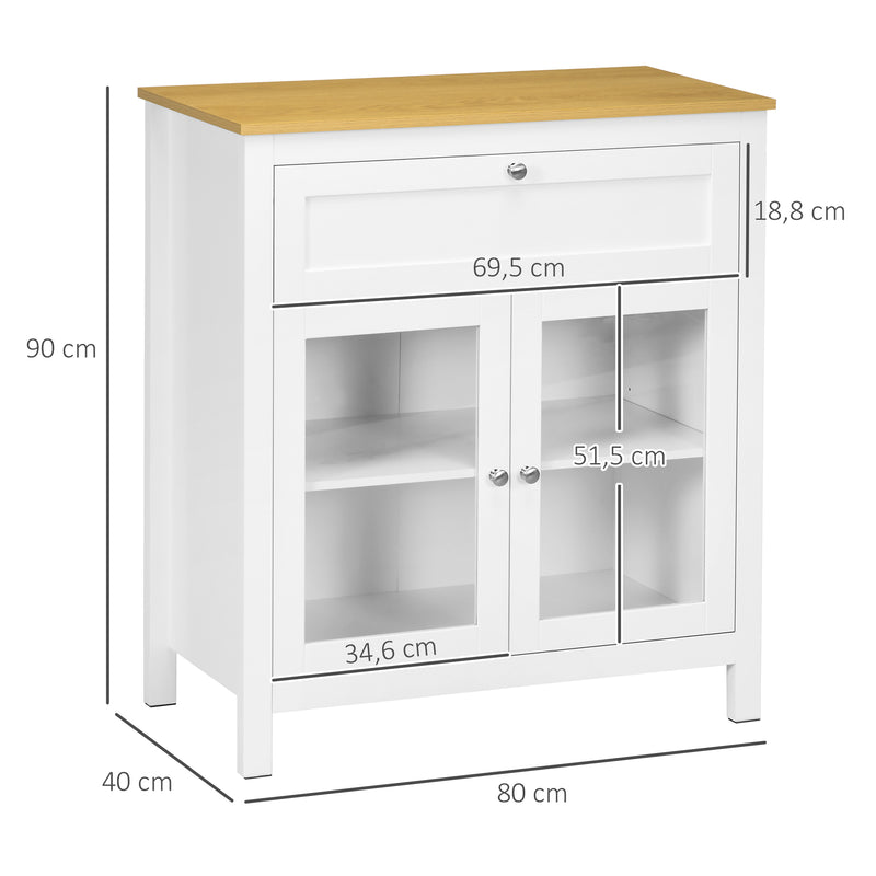 Aparador de Cozinha Moderno Móvel Buffet Auxiliar com Gaveta Prateleira Ajustável e 2 Portas de Vidro para Sala de Estar Sala de Jantar 80x40x90 cm Branco e Madeira