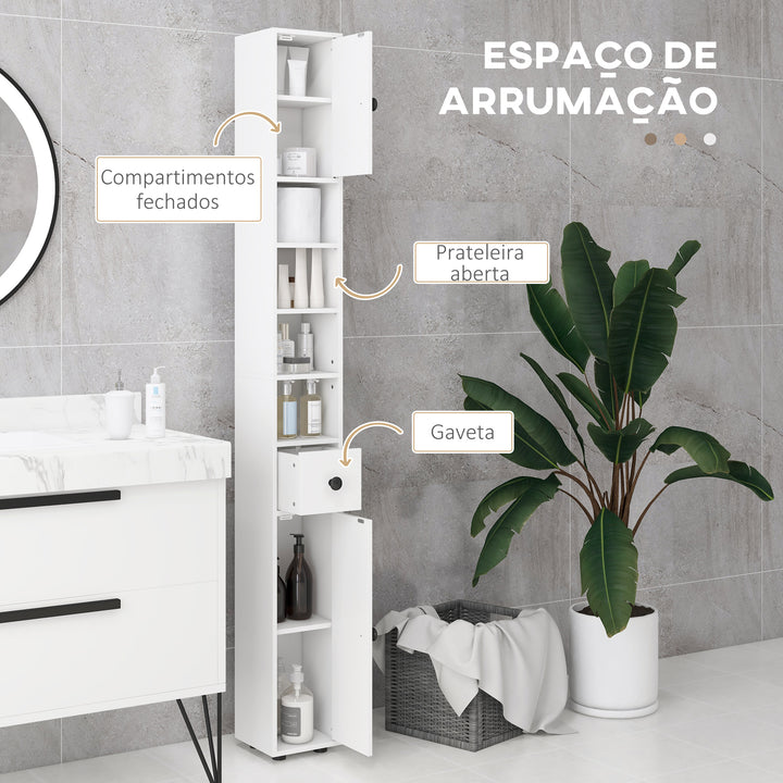 Coluna Casa de Banho Moderna Móvel Auxiliar Casa de Banho com 1 Gaveta 5 Prateleiras Ajustáveis e 2 Armários Móvel de Armazenamento Sala de Estar Cozinha Carga 30 kg 20x20x180 cm Branco