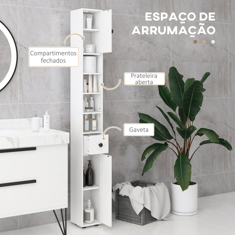 Coluna Casa de Banho Moderna Móvel Auxiliar Casa de Banho com 1 Gaveta 5 Prateleiras Ajustáveis e 2 Armários Móvel de Armazenamento Sala de Estar Cozinha Carga 30 kg 20x20x180 cm Branco