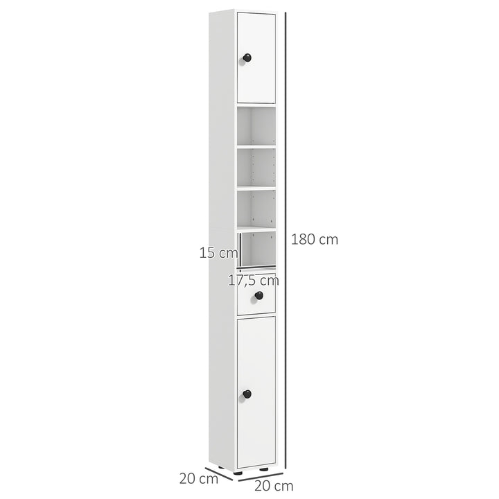 Coluna Casa de Banho Moderna Móvel Auxiliar Casa de Banho com 1 Gaveta 5 Prateleiras Ajustáveis e 2 Armários Móvel de Armazenamento Sala de Estar Cozinha Carga 30 kg 20x20x180 cm Branco