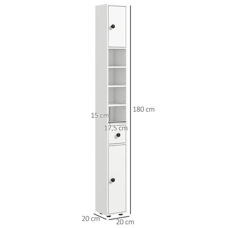 Coluna Casa de Banho Moderna Móvel Auxiliar Casa de Banho com 1 Gaveta 5 Prateleiras Ajustáveis e 2 Armários Móvel de Armazenamento Sala de Estar Cozinha Carga 30 kg 20x20x180 cm Branco