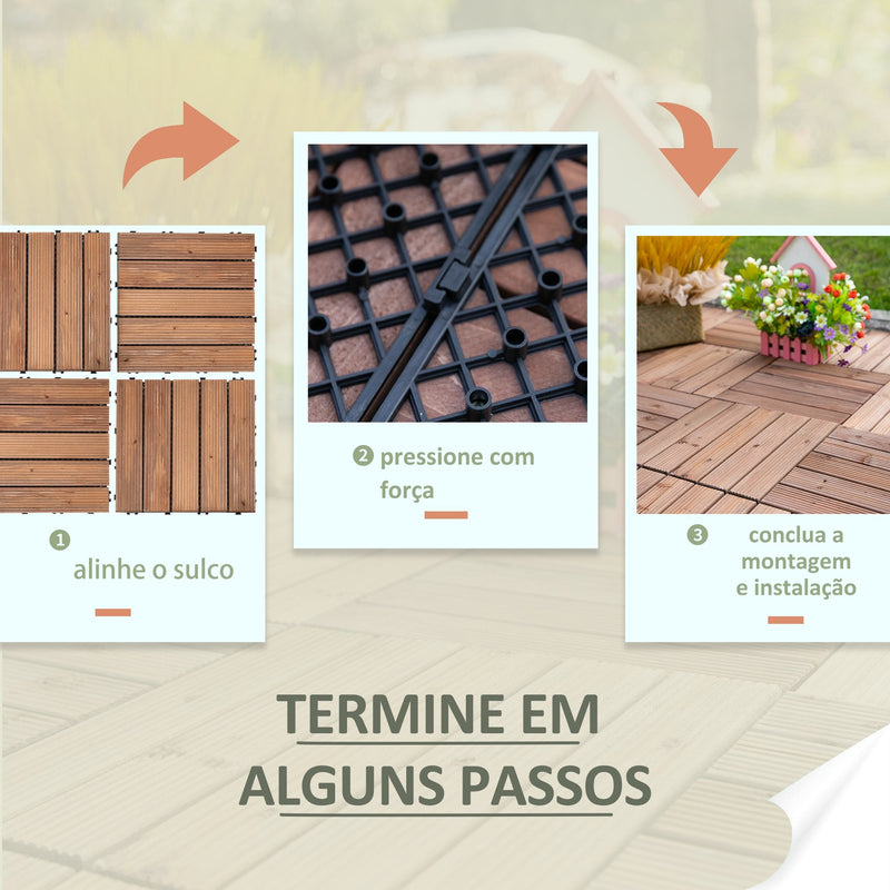 Conjunto de 27 Ladrilhos de Madeira 30x30 cm com Área de 3 m² Sistema Click de Ladrilhos Castanho