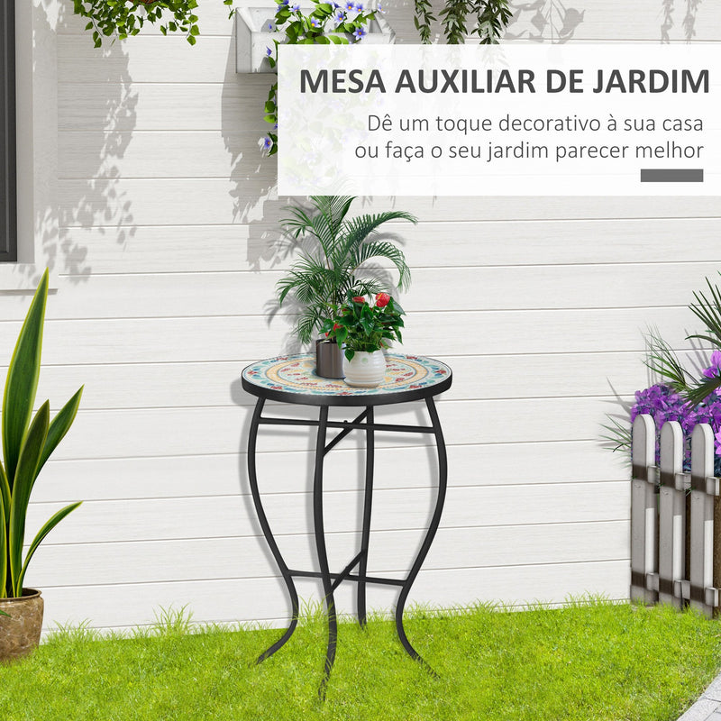 Mesa de Jardim Redonda Mesa Auxiliar de Mosaico com Pés de Metal para Pátio Terraço Exterior Balcão 35,5x35,5x53,5cm Multicor