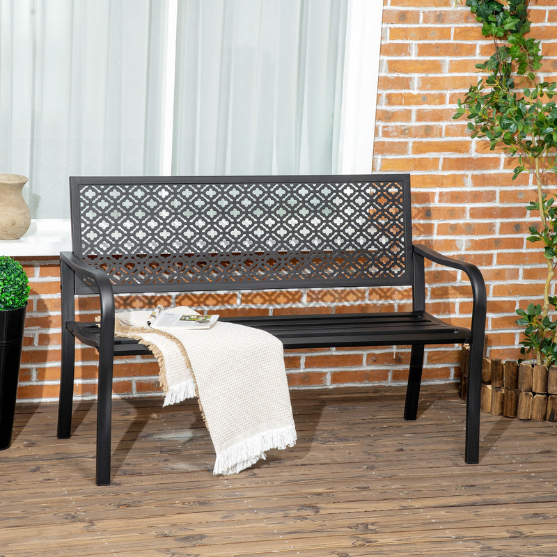 Banco de Jardim de Aço Banco de Exterior de 2 Lugares com Encosto Decorativo para Terraço Varanda Pátio Carga Máxima 240kg 127x63x83cm Preto