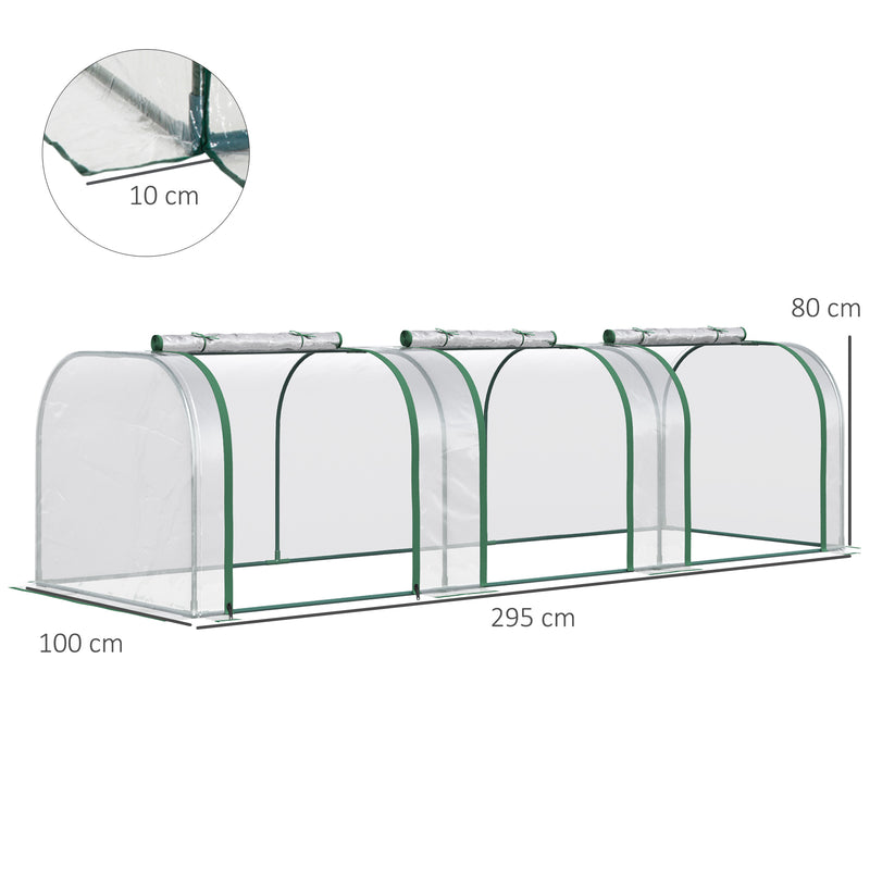 Estufa 295x100x80 cm para Jardim Varanda Estufa Pequena para Cultivo de Plantas com 3 Janelas Estrutura de Aço e PVC Transparente e Verde