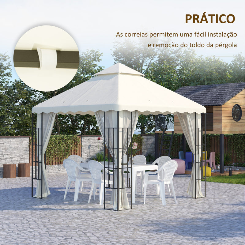 Toldo de Substituição para Pérgola 2,95x2,95 cm Cobertura de Substituição com Teto Duplo e 10 Orifícios de Drenagem Tecido de Poliéster para Pátio Jardim Creme