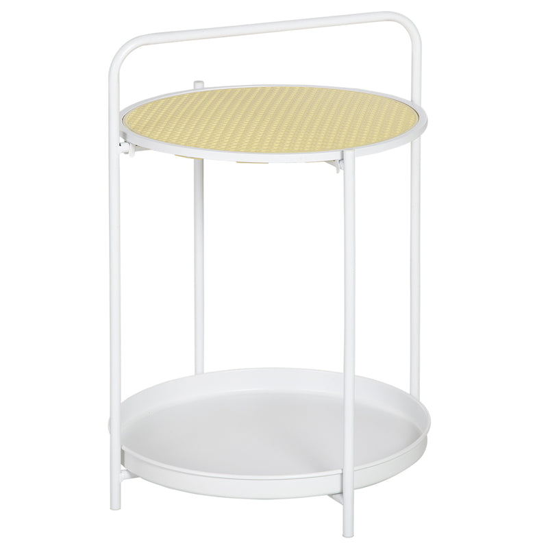 Mesa Auxiliar com Prateleira de Vime Plástico Bandeja Removível e Alça Portátil Mesa Lateral Redonda com Estrutura de Aço para Dormitório Escritório 43,5x42,5x60cm Branco