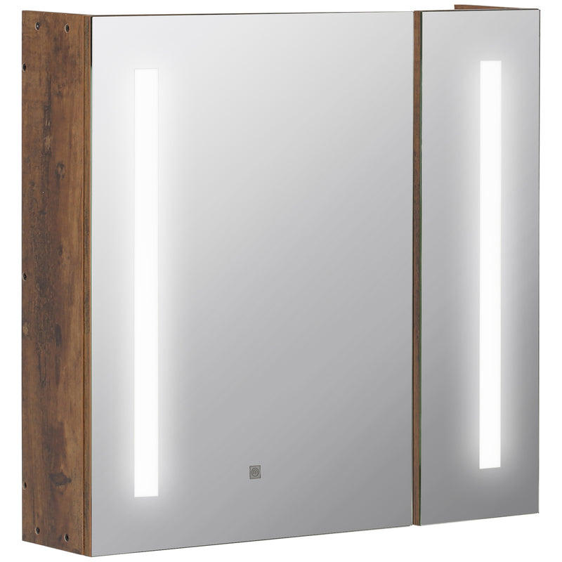 Armário com Espelho de Casa de Banho com Luz LED Armário de Casa de Banho Suspenso com 2 Portas e Interruptor Tátil Estilo Moderno 70x15x65cm Marrom Rústico