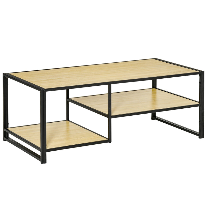 Mesa de Centro para Sala de Estar com 2 Prateleiras de Armazenamento Mesa Auxiliar com Estrutura de Aço para Dormitório Escritório 120x60x46cm Carvalho