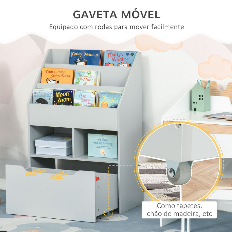 Estante de Brinquedos com 3 Compartimentos 2 Prateleiras e Gaveta Móvel com 4 Rodas Estante para Livros Infantil para Dormitório Infantil Sala de Jogos 60x29,9x90cm Cinza