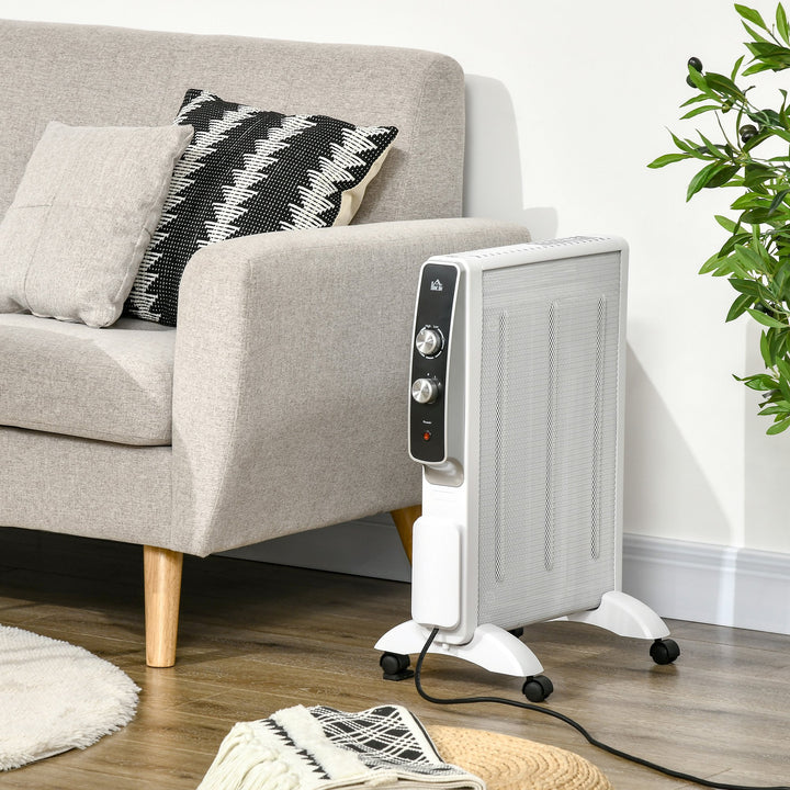 Aquecedor Elétrico 750W/1500W Aquecedor de Mica com Ecrã LED Controlo Remoto Termostato Temporizador e 4 Rodas para Área 15-18 m² 47x26,5x61,5cm Branco