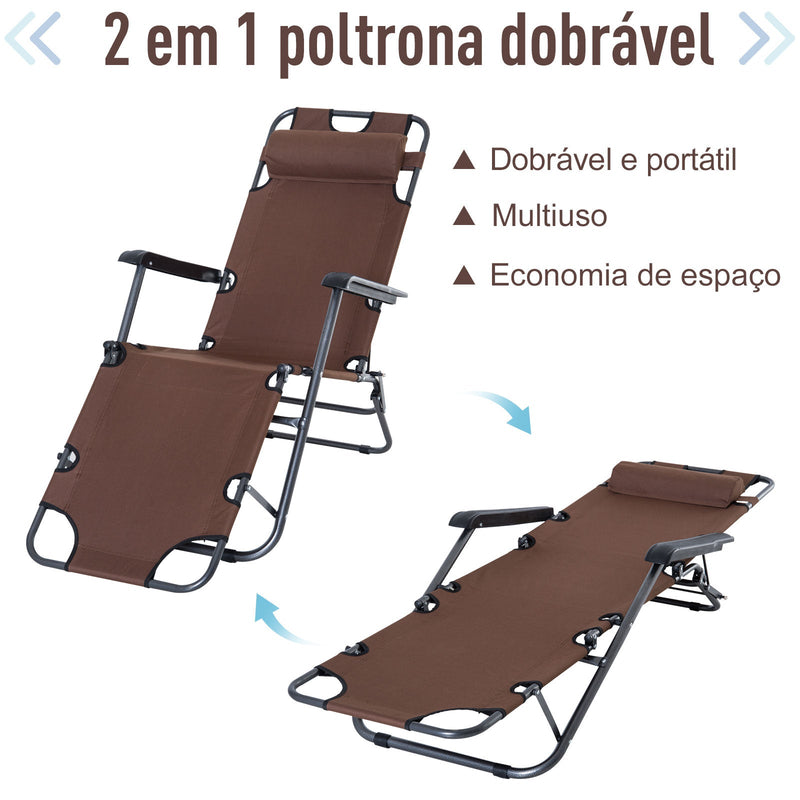 Espreguiçadeira Reclinável Dobrável com Encosto Ajustável Apoio de Braço Apoio para os Pés Carga 136 kg 135x60x89 cm Marrom