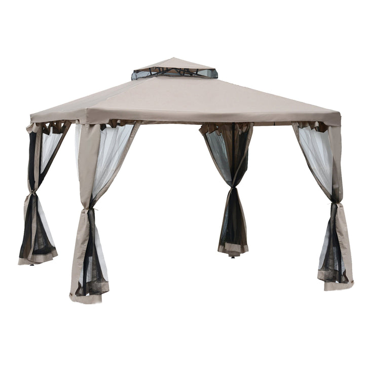 Pérgola de Jardim 3x3m Pérgola de Exterior com Duplo Teto de Ventilação 4 Cortinas Laterais 4 Orifícios de Drenagem e 4 Telas Mosquiteiras com Zíper para Festas Pátio Marrom Cáqui
