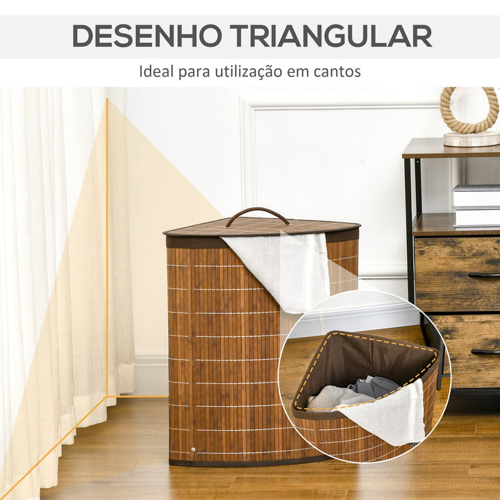 Cesto de Roupa de Bambu Capacidade de 55L Cesto para Roupa Suja em Forma de Leque com Tampa e Bolsa Amovível 38x38x57cm Marrom