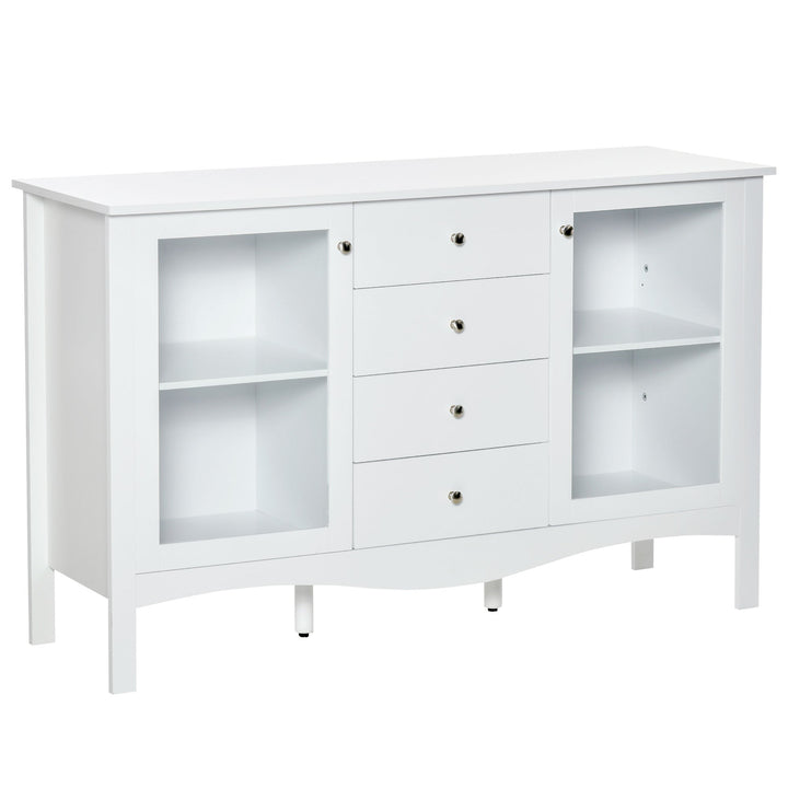 Aparador de Cozinha Armário Buffet com 2 Armários Porta de Vidro Prateleira Interior Ajustável e 4 Gavetas para Sala de Jantar Sala de Estar 136x45x85cm Branco