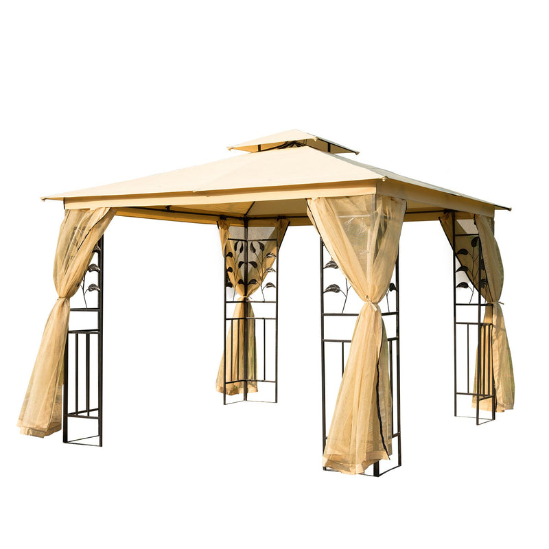 Pérgola ao ar livre 300x300x265cm com Rede Mosquiteira para Jardim Terraço com Espigões de solo Poliéster Aço Bege