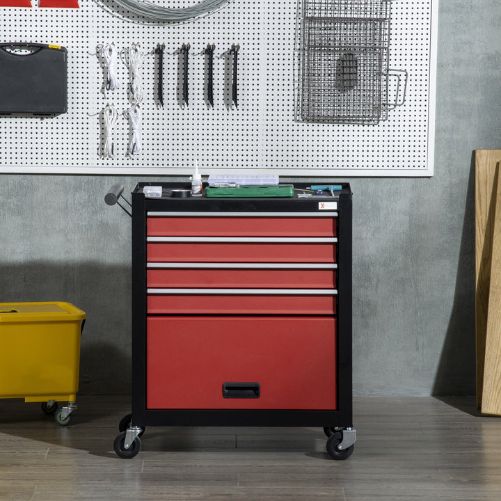Carro de Ferramentas Móvel com Rodas 4 Gavetas Compartimento de Armazenamento e Alça Lateral Carga 130kg para Garagem Oficina 69x33x75cm Preto e Vermelho