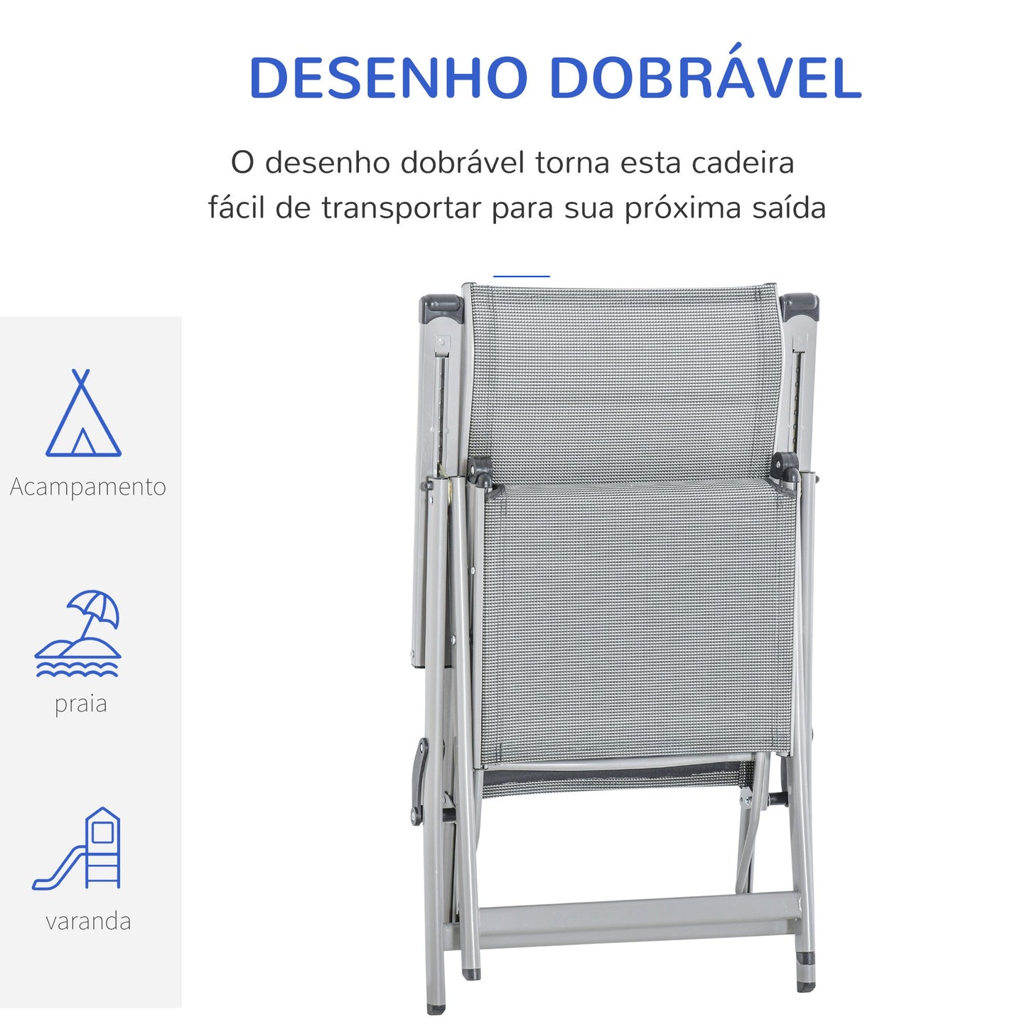 Espreguiçadeira dobrável para jardim Cadeira ajustável de 10 posições com encosto alto e apoio para pés carga máx. 150 kg 78x58x110 cm Cinza