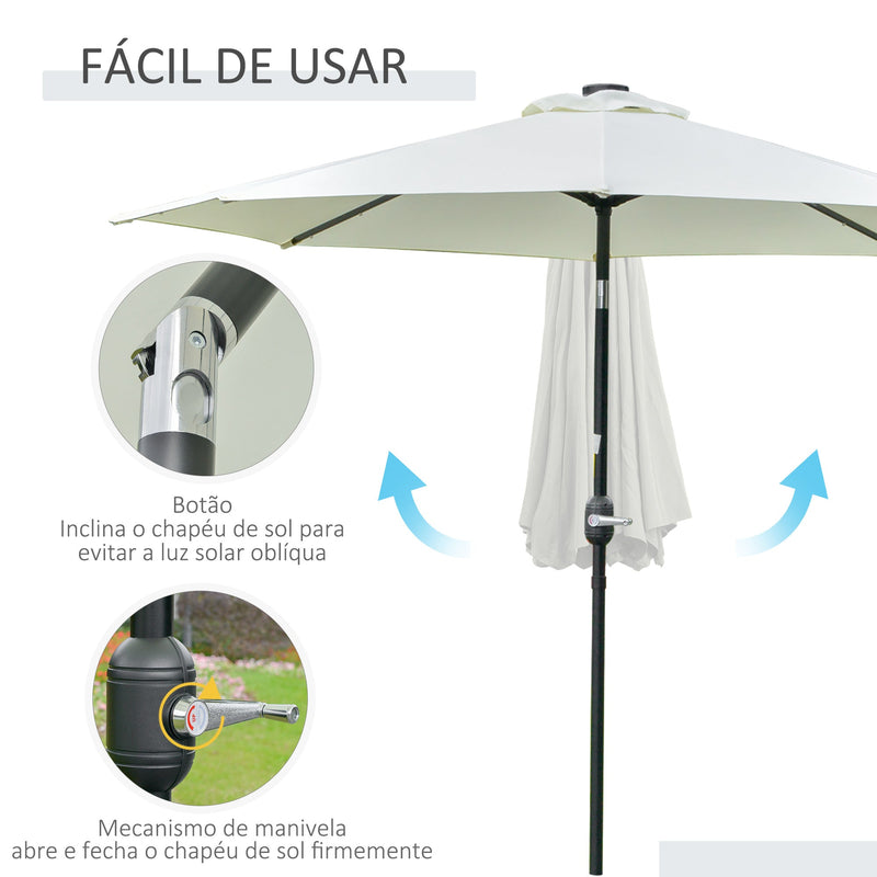 Chapéu de Sol com 32 Luzes LED Solares Ø265x233cm Chapéu de Sol Inclinável com Manivela e Mastro de Aço para Terraço Pátio Exterior Cinza