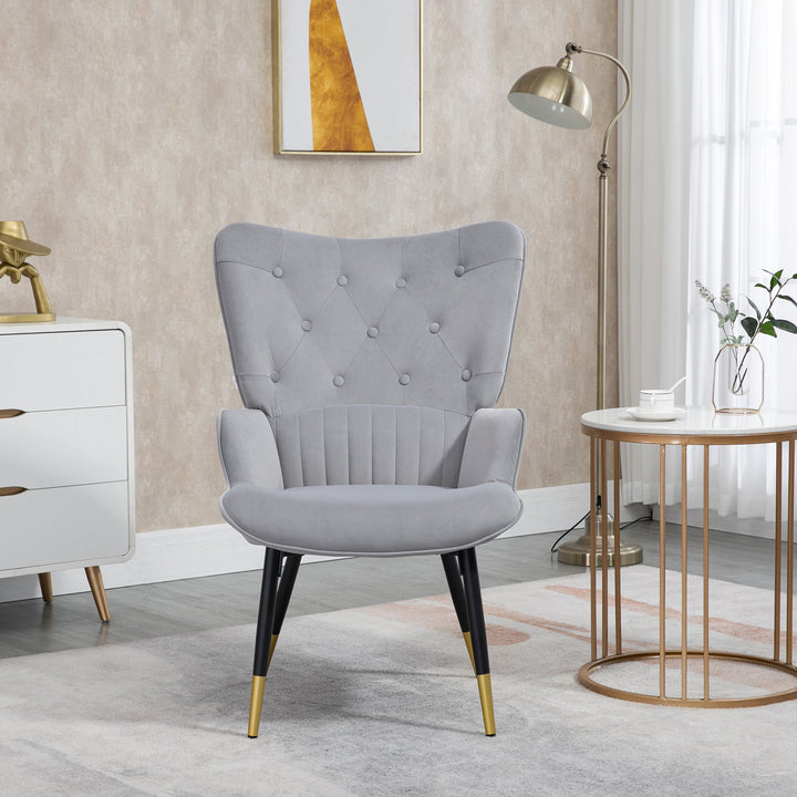 Poltrona Individual Poltrona Sala de Estar Estofada em Veludo com Encosto Alto Apoio para os Braços e Pés de Aço Estilo Moderno 68x72x103cm Cinza