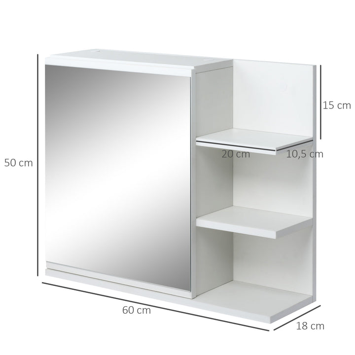 Armário Casa de Banho com Espelho Montado na Parede com 3 Prateleiras Abertas e 1 Porta com Prateleira Interior Estilo Moderno 60x18x50cm Branco