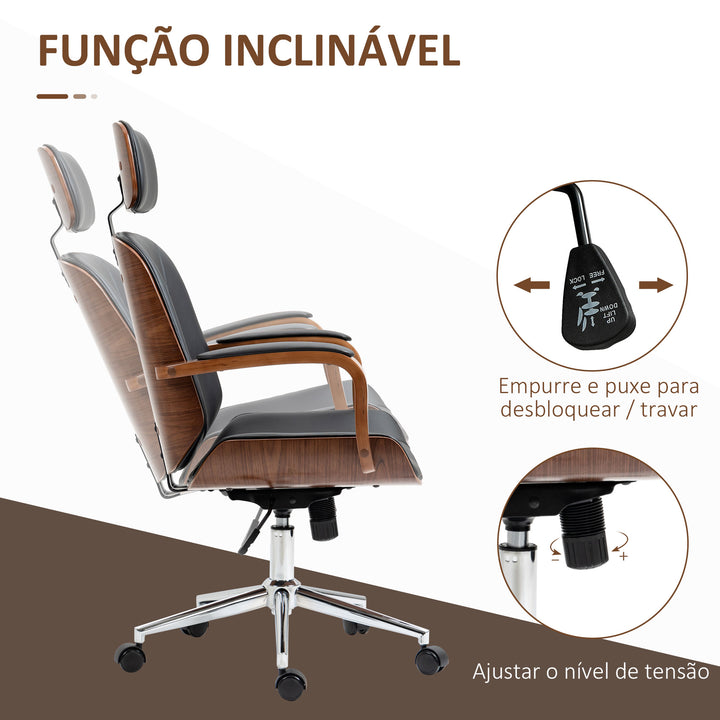 Cadeira de Escritório Operativa de Couro PU com Apoio para a Cabeça Amovível Altura Ajustável 63x62x110-120cm Preto e Madeira