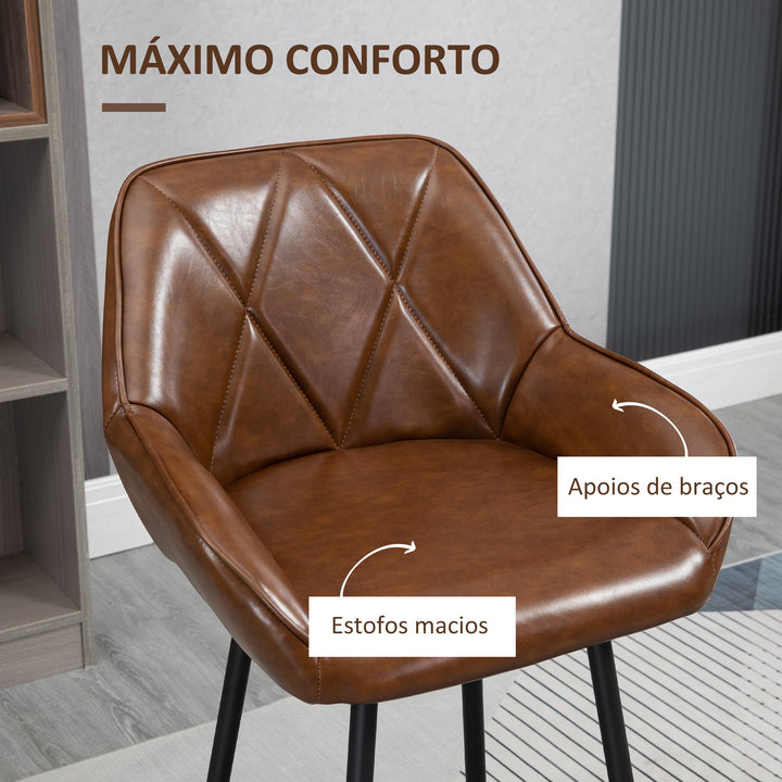 Conjunto de 2 Bancos Altos de Cozinha Bancos de Bar Estofados em PU com Encosto Alto Pés de Aço e Apoio para os Pés para Sala de Jantar Carga 120kg 50x47,5x102,5cm Marrom