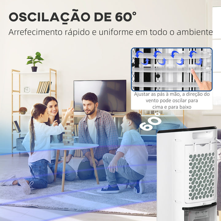 Climatizador Refrigerador de Ar Portátil 3,5 L 3 em 1 Climatizador Humidificador Ventoinha 65W Ecrã LED Controlo Remoto Temporizador Oscilação 3 Velocidades 3 Modos 24,5x27x60 cm Branco