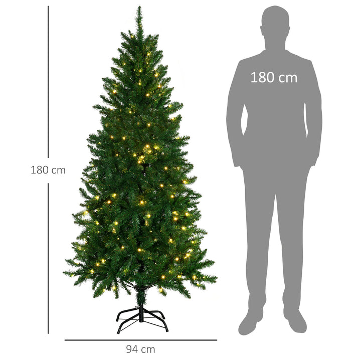 Árvore de Natal Artificial Altura 180cm Ignífugo com 714 Ramos 200 Luzes LED IPX2 8 Modos Folhas de PVC Base Dobrável e Suporte Metálico Decoração de Natal para Interiores Verde