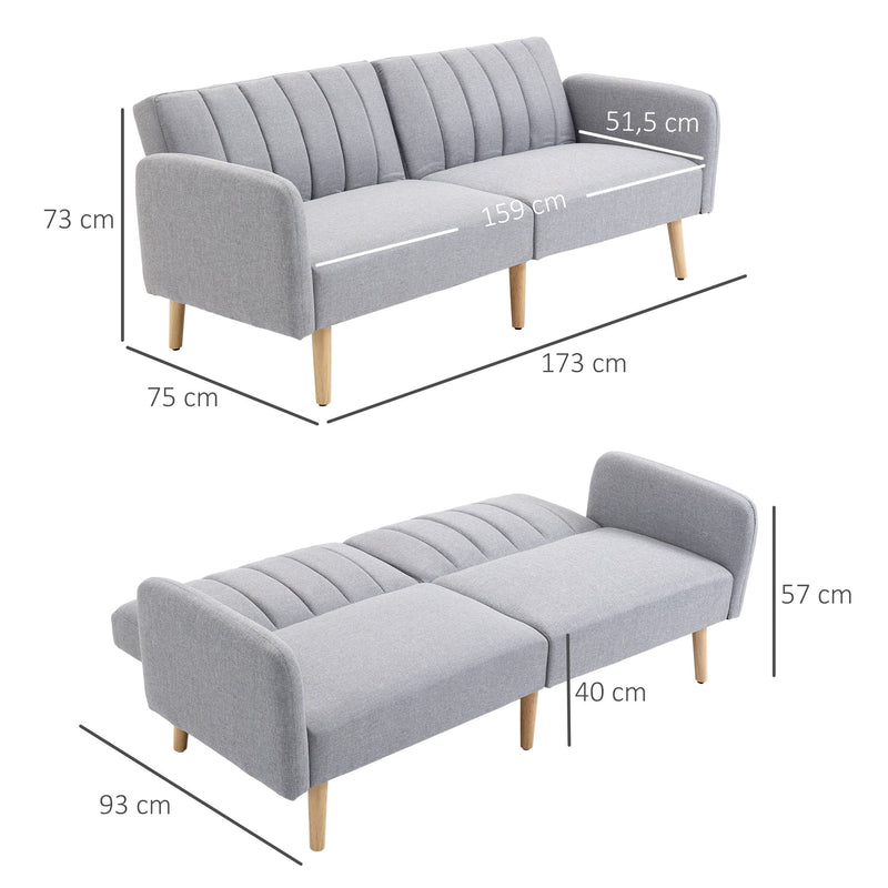 Sofá Cama de 2 Lugares com Encosto Ajustável em 3 Posições Apoio para os Braços Desmontável e Pés de Madeira Sofá Duplo Moderno para Sala de Estar Escritório 173x75x73cm Cinza