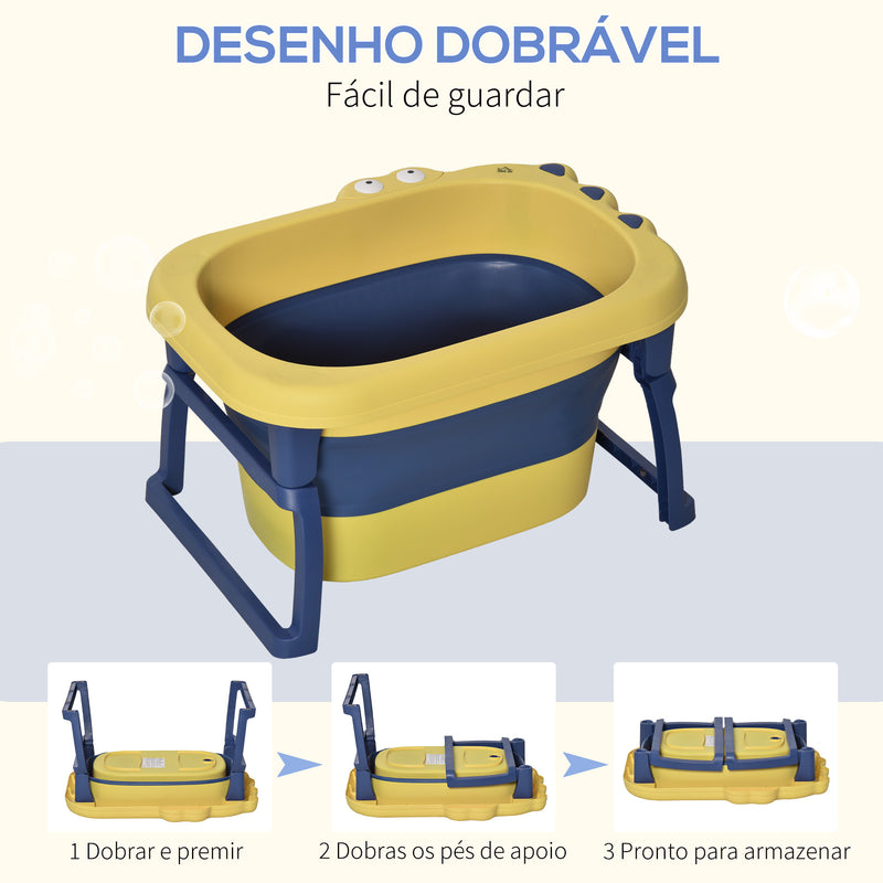 Banheira Dobrável para Bebé de 0-6 Anos Capacidade 105L Banheira Portátil para Crianças com Pés Antiderrapantes e Orifício de Drenagem Carga Máxima 50kg 75,3x55,4x43cm Amarelo e Azul