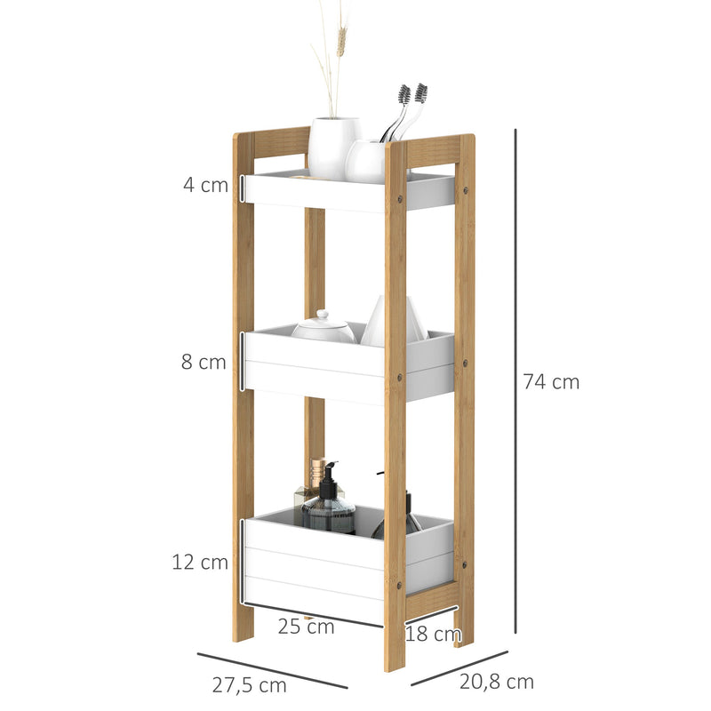 Móvel Auxiliar de banheiro com 3 Prateleiras Organizadoras de Bambu 27,5x20,8x74 cm Cor Branco e Natural