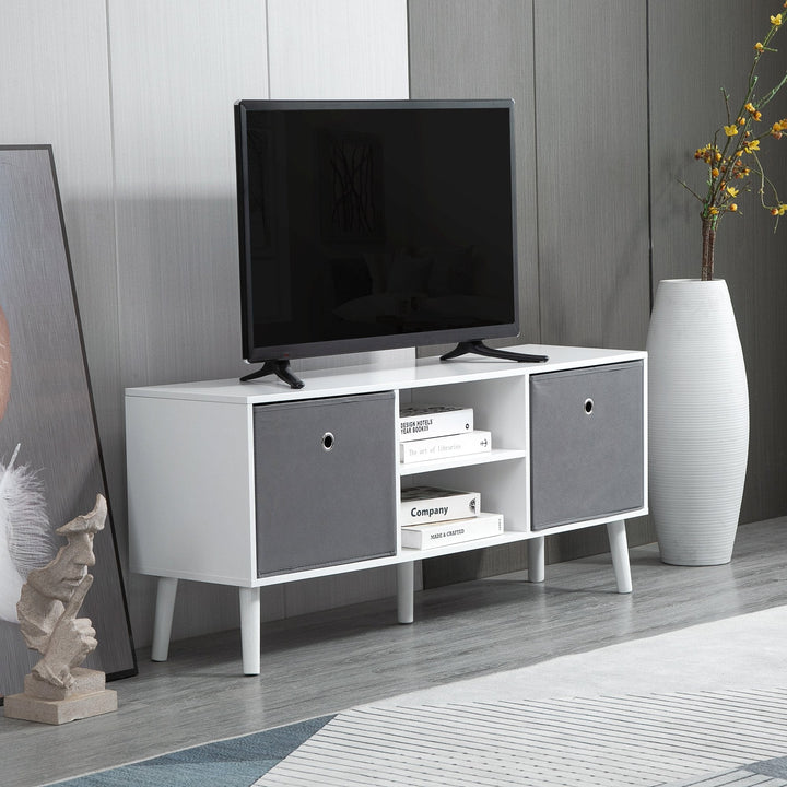 Móvel de TV para Televisores de até 50 Polegadas Móvel de Sala de Estar Moderno com 2 Gavetas de Tecido 2 Prateleiras Abertas e Orifício Passa Cabos 110x29x46,5cm Branco e Cinza
