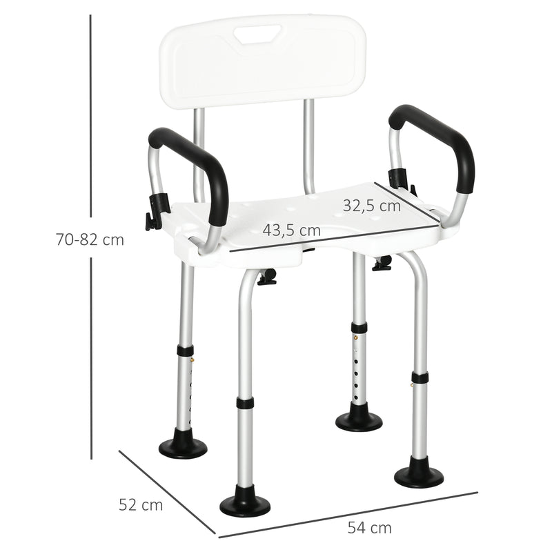 Cadeira para Duche de Liga de Alumínio Cadeira de Duche Antiderrapante com Altura Ajustável de 6 Níveis e Apoio para os Braços Regulável para Idosos 54x52x70-82cm Branco