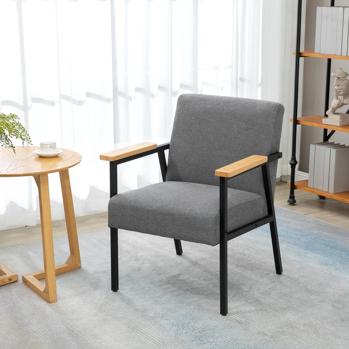 Poltrona de Sala de Estar Poltrona Moderna Estofada em Poliéster com Apoio para os Braços de Madeira e Pés de Aço para Escritório Dormitório 64x5x70x83,5 cm Cinza