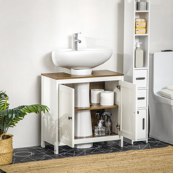 Móvel para Lavatório Pousar Armário para Casa de Banho de Madeira com 2 Portas e Prateleira Ajustável Estilo Moderno 60x30x60cm Branco Envelhecido e Madeira