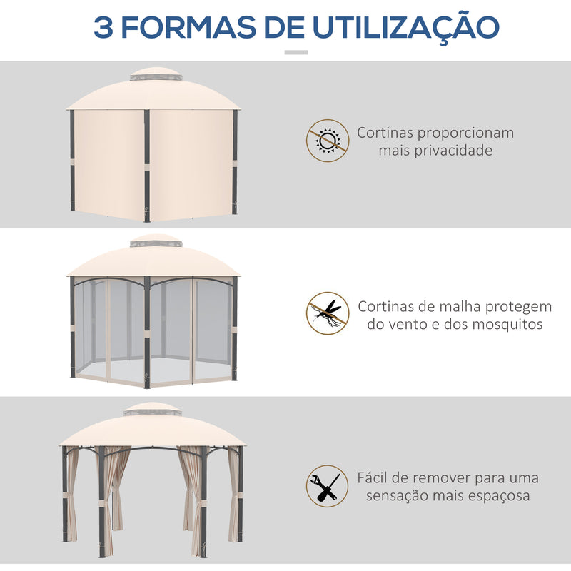 Pérgola de Jardim Hexagonal 4x4m Pérgola de Exterior com Teto Duplo de Ventilação 6 Cortinas Laterais 6 Telas Mosquiteiras com Zíper para Festas Pátio Cáqui