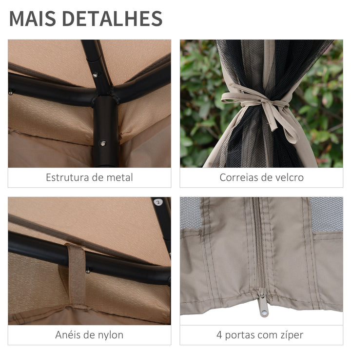 Pérgola de Jardim 3x3m Pérgola de Exterior com Duplo Teto de Ventilação 4 Cortinas Laterais 4 Orifícios de Drenagem e 4 Telas Mosquiteiras com Zíper para Festas Pátio Marrom Cáqui