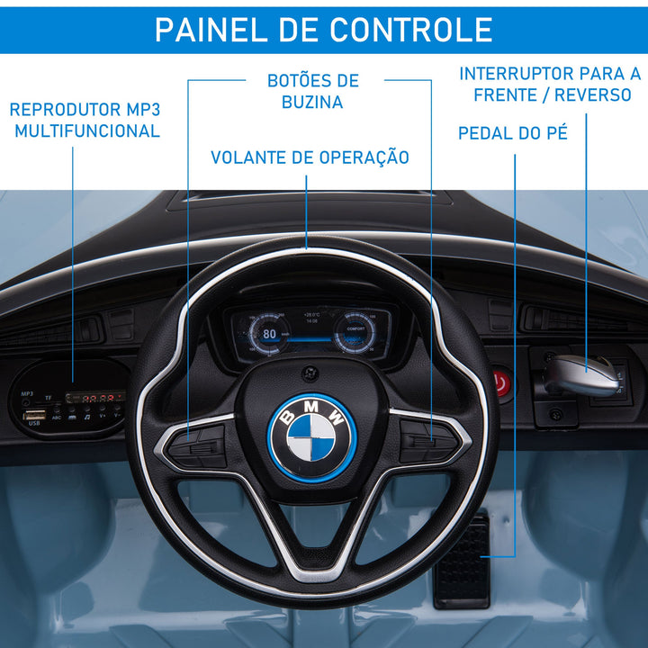 Carro elétrico BMW I8 COUPE com licença para crianças de +3 anos Bateria 6V Controle Remoto e Manual com Buzina Música MP3 e Faróis 115x72,5x46 cm Azul