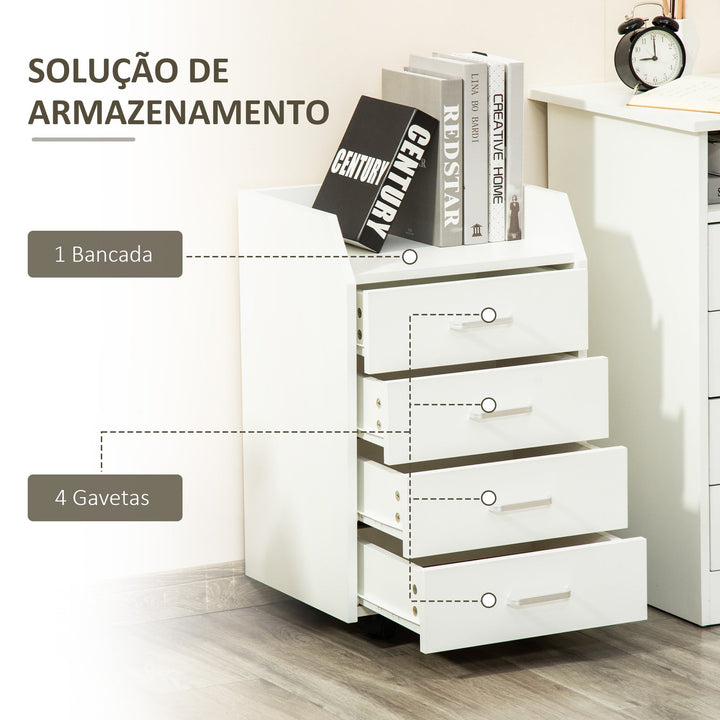 Bloco de Gavetas Móvel Auxiliar com 4 Gavetas Bancada Superior de Armazenamento 4 Rodas e 2 Freios para Estúdio Escritório 40x36x65cm Branco