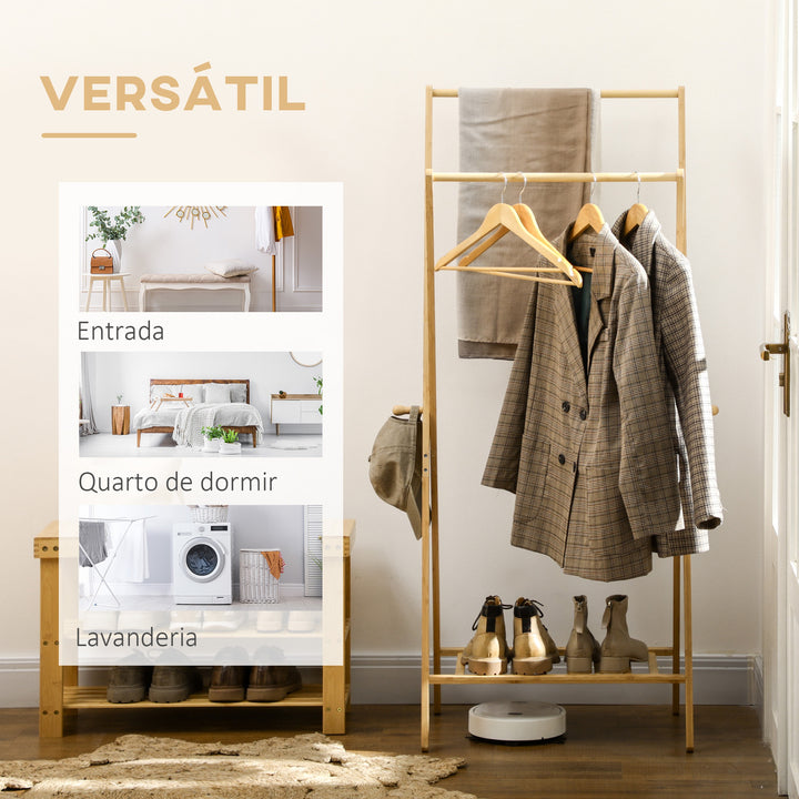 Suporte para Cabides de Bambu Porta Cabides com Prateleira para Sapatos 2 Barras e 2 Ganchos para Corredor Entrada Dormitório 74x42x150 cm Madeira